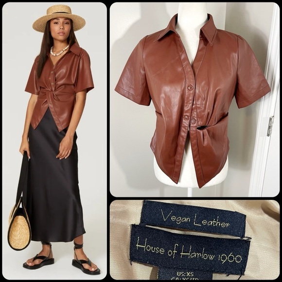 House of Harlow brown faux Leather twisted front shirt - Picture 1 of 11